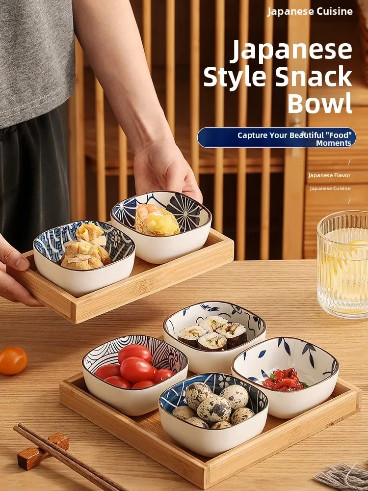 Japanese Snacks - จานเซรามิกสไตล์ญี่ปุ่นทรงสี่เหลี่ยมสำหรับใช้ในบ้าน จานขนมขนาดเล็ก จานใส่อาหารเรียกน้ำย่อย จานใส่ซอสไวน์ จานเซรามิกดีไซน์สร้างสรรค์