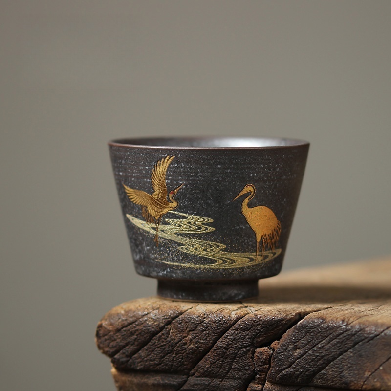 Japanese Pottery - 100ML ญี่ปุ่น Crane ถ้วยชา Handmade สโตนแวร์เตาเผาอบ