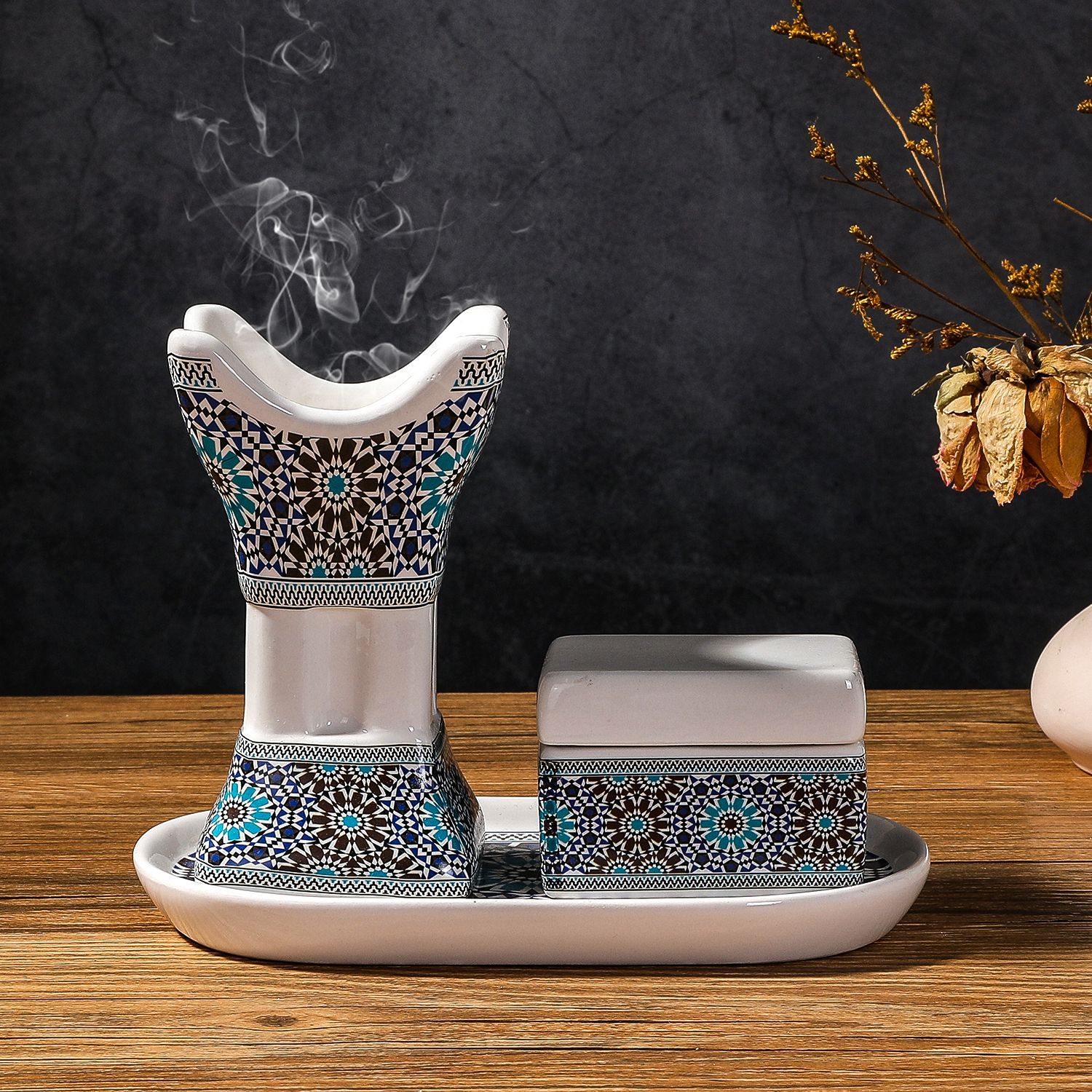 Incense Holder - ชุดเตาเผาเครื่องหอมเซรามิกพิมพ์ลายอาหรับ สี่เหลี่ยมจัตุรัส สำหรับตกแต่งงานแต่งงาน ตะวันออกกลาง แอฟริกา สร้างบรรยากาศงานปาร์ตี้