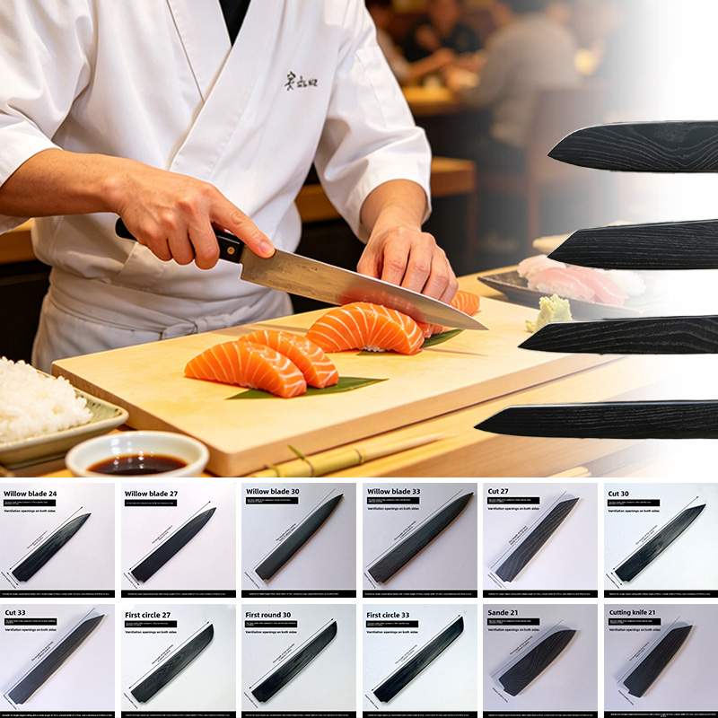 Japanese Knife - ปลอกมีดไม้แอชเคลือบเงาสีดำสำหรับมีดซากิมารุ คิริทสึเกะ ซันโตกุ เกียวโตะ และมีดซูชิของเชฟญี่ปุ่น
