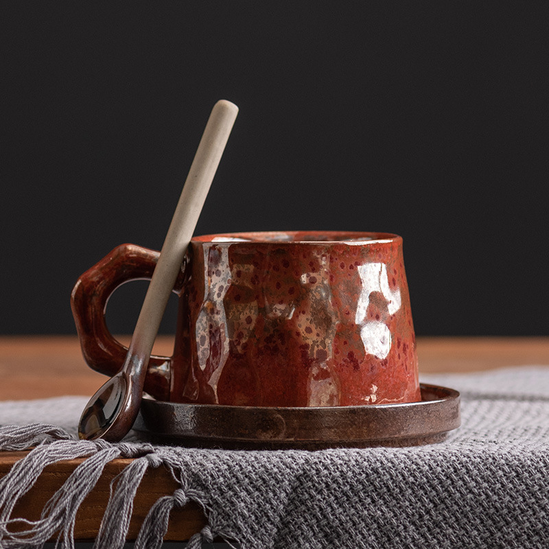 Japanese Pottery - เตาเผาเครื่องปั้นดินเผาหยาบเปลี่ยนและชุดจานรอง Handmade ญี่ปุ่น Retro Art เซรามิค