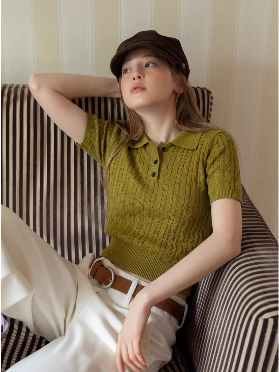 เสื้อโปโลถักลายเกลียวสไตล์ลำลอ - Matcha บทวิจารณ์และราคา